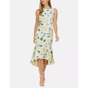 Calvin Klein | Yellow Spring Floral Hi-low Flounce Hem Midi Dress NEW Size 6